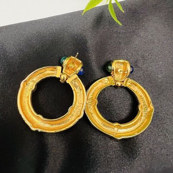 Vintage Mogul Jewels Gripoix Dangle Door Knocker Gold Red Blue Green Earrings - Picture 7 of 10
